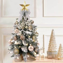 2ft Tabletop Christmas Tree with Light Artificial Small Mini Christmas Decoration with Flocked Snow;  Exquisite Decor & Xmas Ornaments for Table Top f (Color: Gold opt3)
