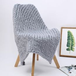 Chunky Knit Blanket Handmade Knitting Warm Knitting Throw Blanket (Color: light grey, size: 78x78x1.1inches)